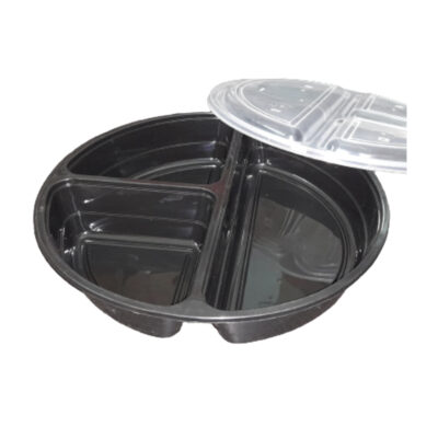 Black Plastic Round Meal Tray with | 3 Compartments and Leakproof Design | Microwave-Safe Trays