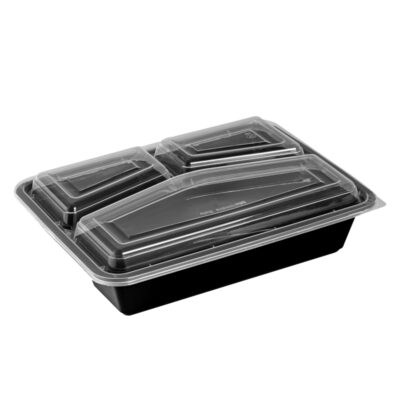 3 Portion Meal Tray Black With Lid