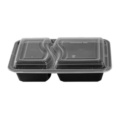 Black Plastic Meal Tray with Lid | 2 Compartments | Two Different Portions or Items, Takeaway, Delivery, Meal Preparation