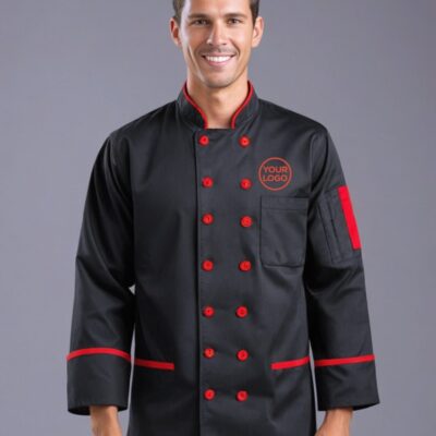 Men’s Black Chef Coat with Custom Logo Print – High-Quality & All Sizes