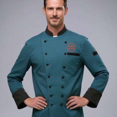Men’s Teal Green Chef Coat with Custom Logo Print – (All Size available) 100% brand new and high quality