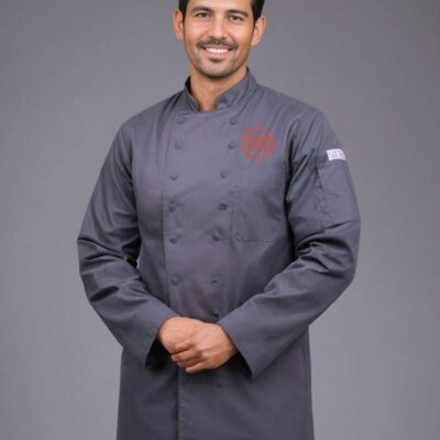 Men’s Gray Chef Coat with Custom Logo Print | High-Quality Cooking, Restaurant
