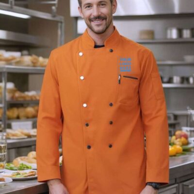 Men’s Orange Chef Coat with Custom Logo Print | (All Size available) 100% brand new and high quality