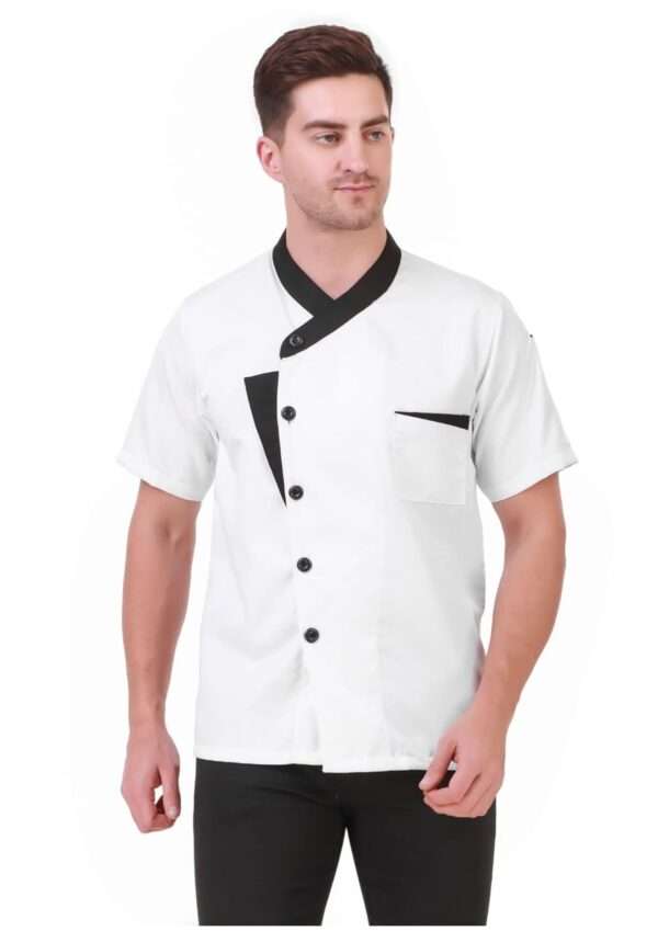 Stylish White Chef Coat with Black Contrast Collar & Pocket | Half Sleeve Restaurant Uniform (Without Print)
