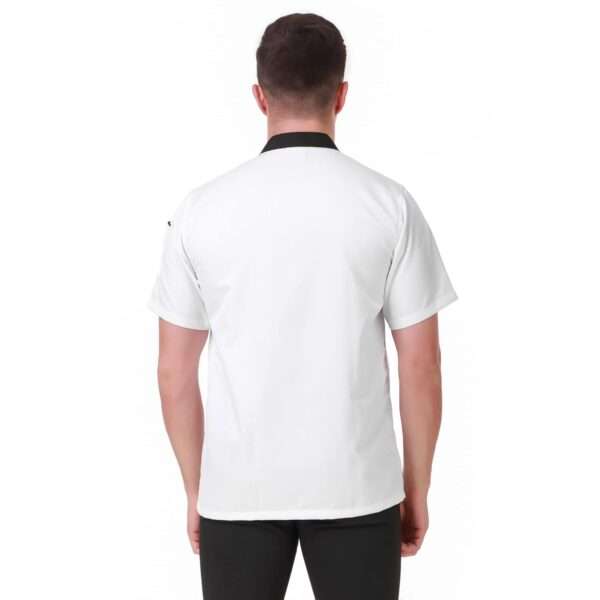 Stylish White Chef Coat with Black Contrast Collar & Pocket | Half Sleeve Restaurant Uniform (Without Print)