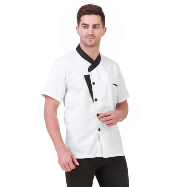 Stylish White Chef Coat with Black Contrast Collar & Pocket | Half Sleeve Restaurant Uniform (Without Print)