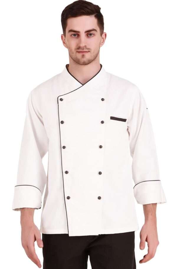 Customized Plain White Chef Coat with Black Piping & Buttons | Premium Restaurant & Hotel Uniform (Without Logo Print)