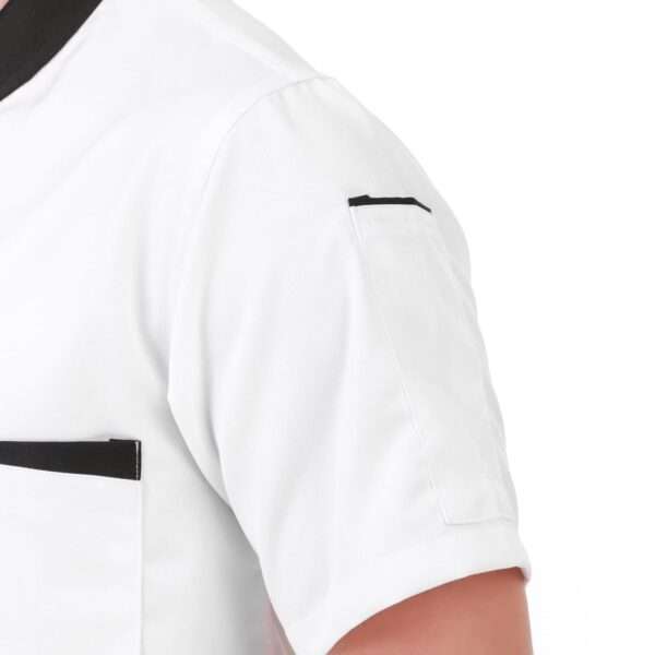 Stylish White Chef Coat with Black Contrast Collar & Pocket | Half Sleeve Restaurant Uniform (Without Print)